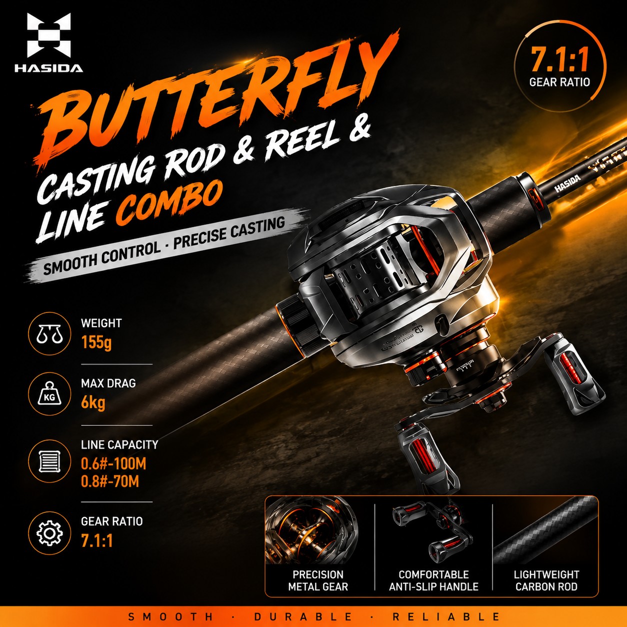 Freshwater Line - ハシダ BFS カーボンファイバー製釣り竿 ベイトキャスティングセット カーボンファイバー製フジガイド 淡水/海水対応